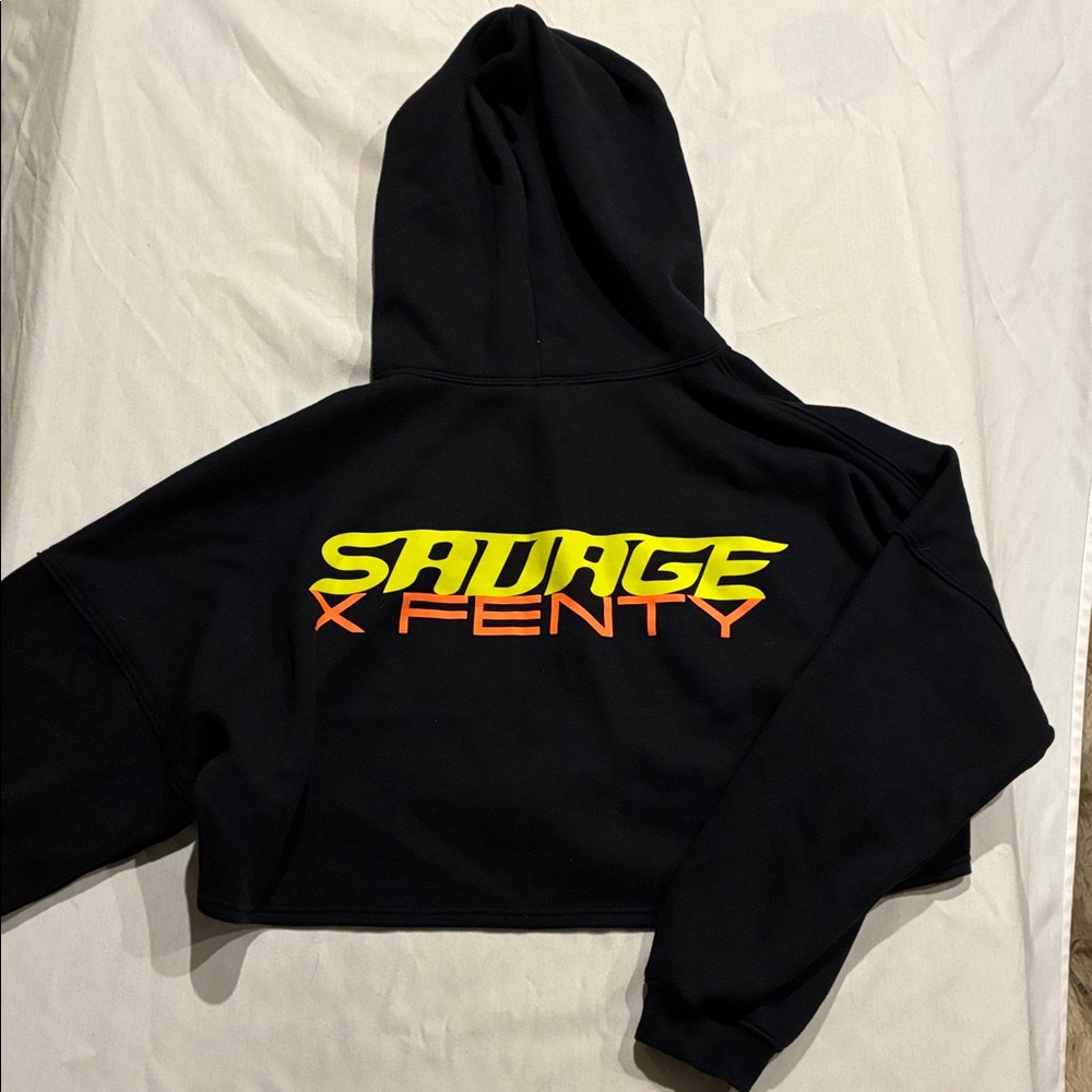 Savage X Fenty Black Cropped Hoodie with Yellow and Orange Logo